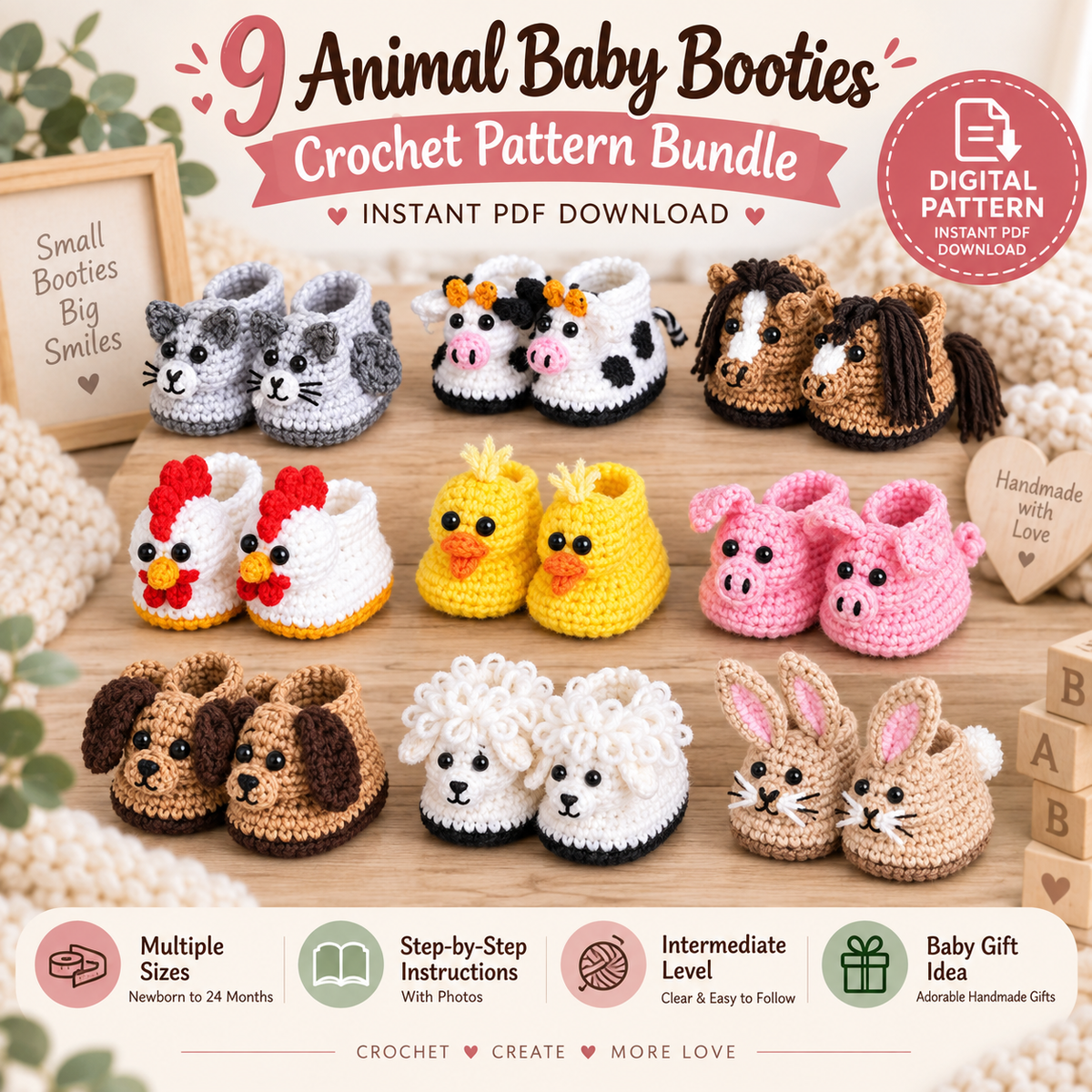 9-in-1 Animal Baby Booties Crochet Pattern Bundle – Instant PDF Download