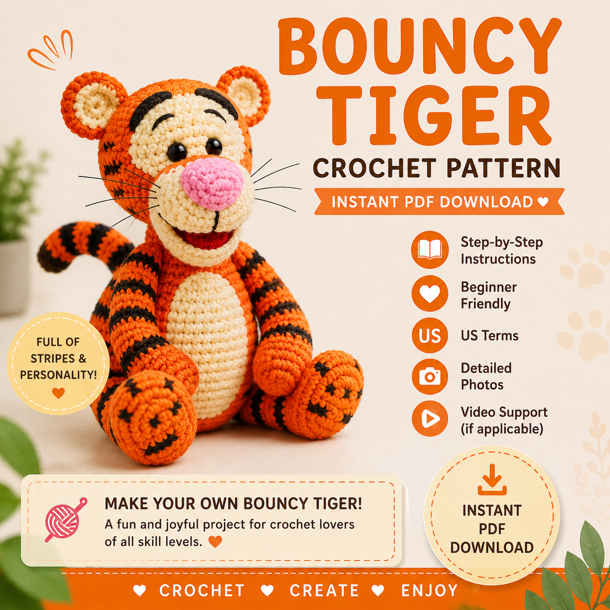 Bouncy Tiger Amigurumi Crochet Pattern – Instant PDF Download