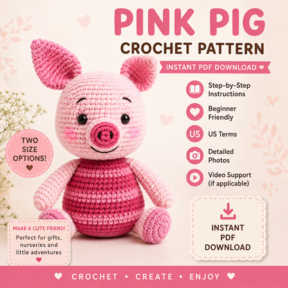 Cute Pink Pig Amigurumi Crochet Pattern – Instant PDF Download