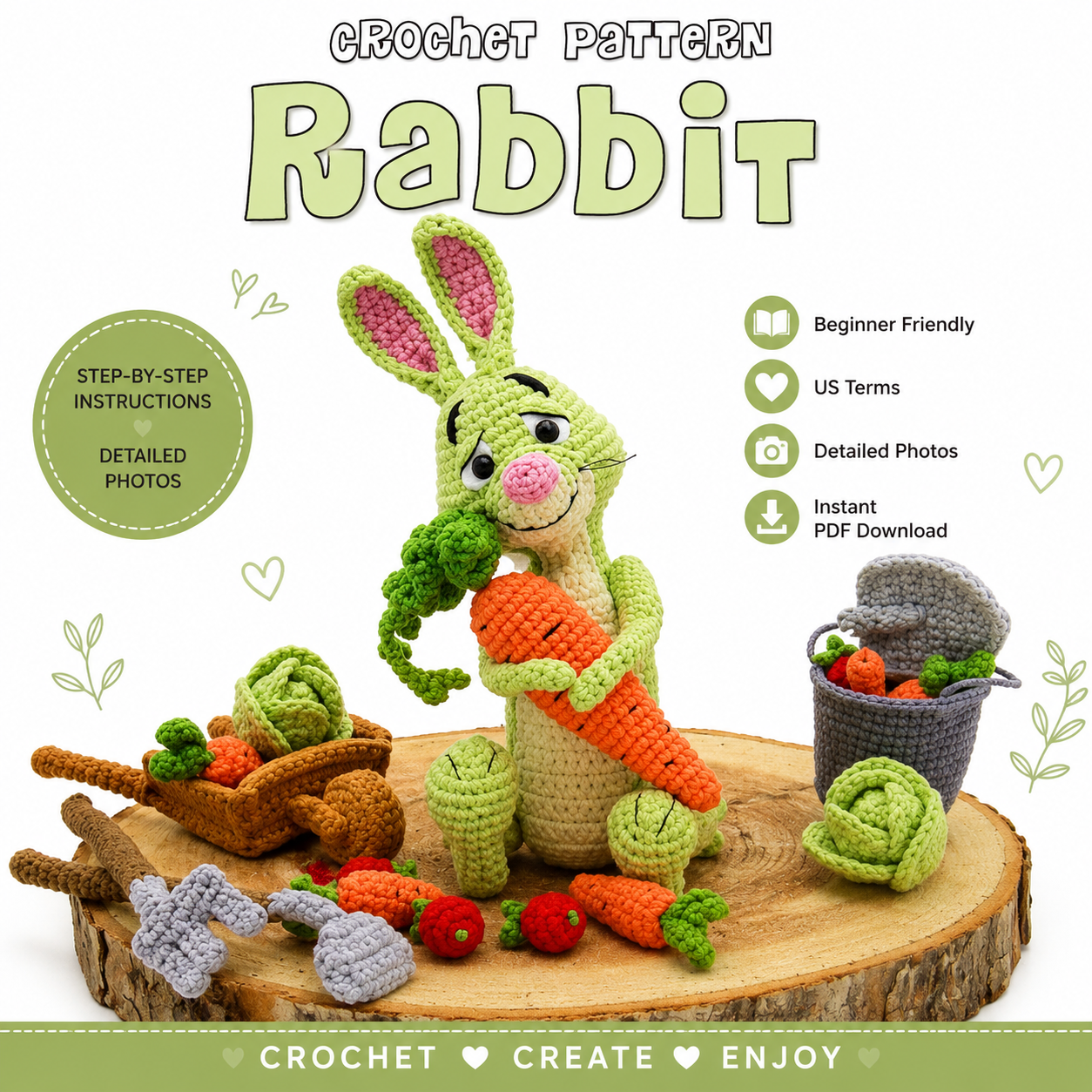 Cute Green Rabbit Amigurumi Crochet Pattern – Instant PDF Download