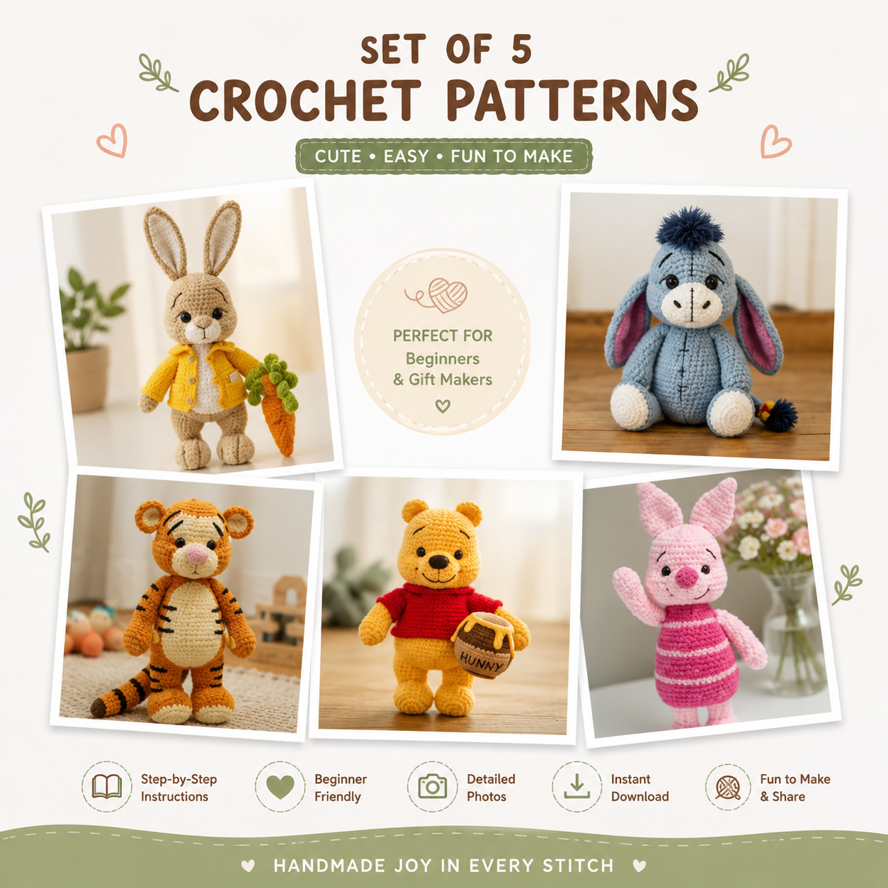 Complete Woodland Friends Amigurumi Crochet Pattern Bundle – 5 PDF Patterns