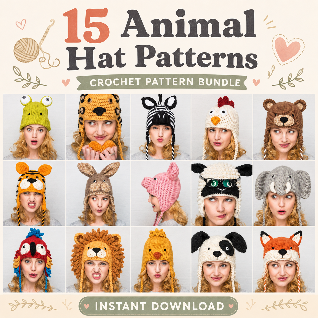 15 Animal Hats Crochet Pattern | PDF Download
