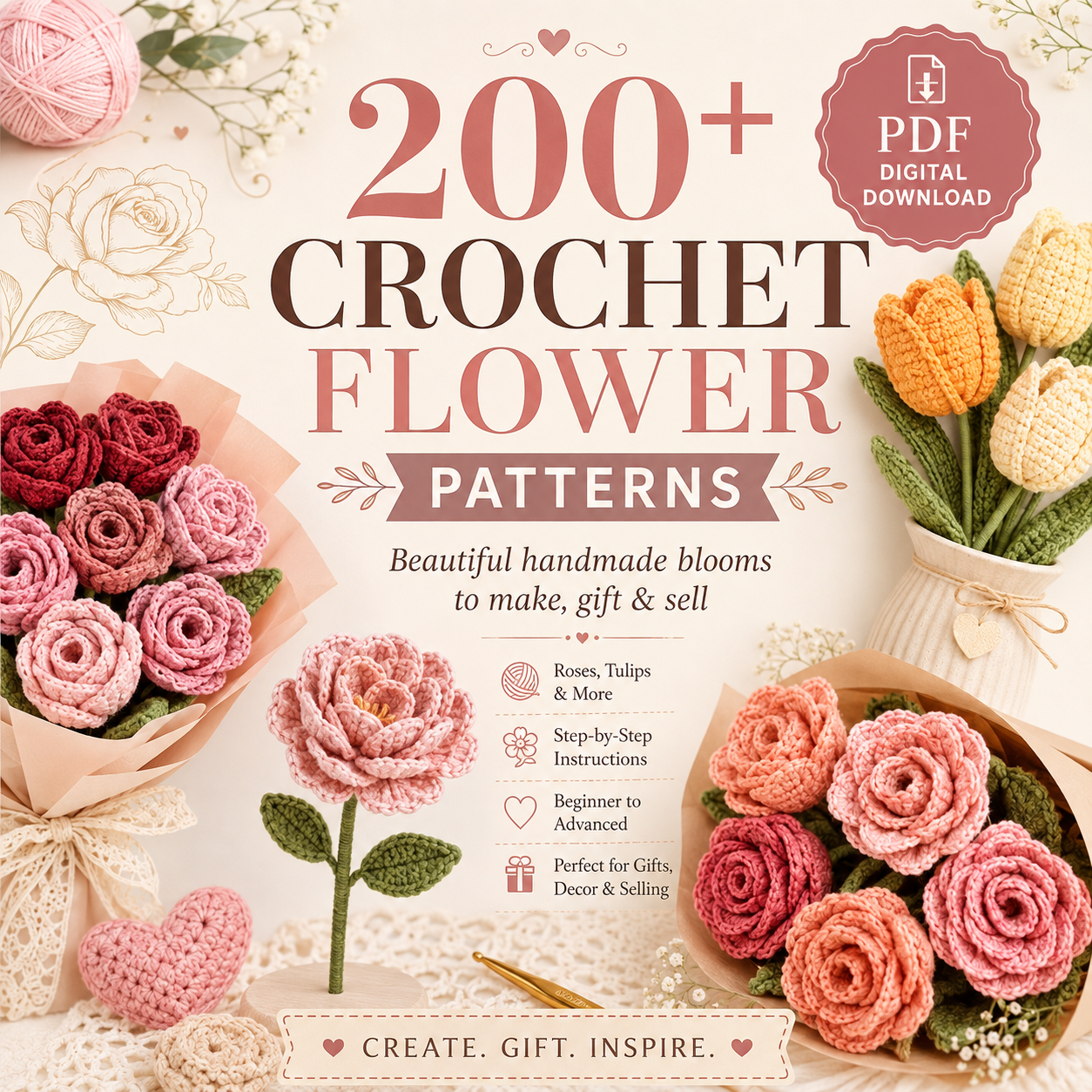 +200 flower designs crochet pattern - instant download