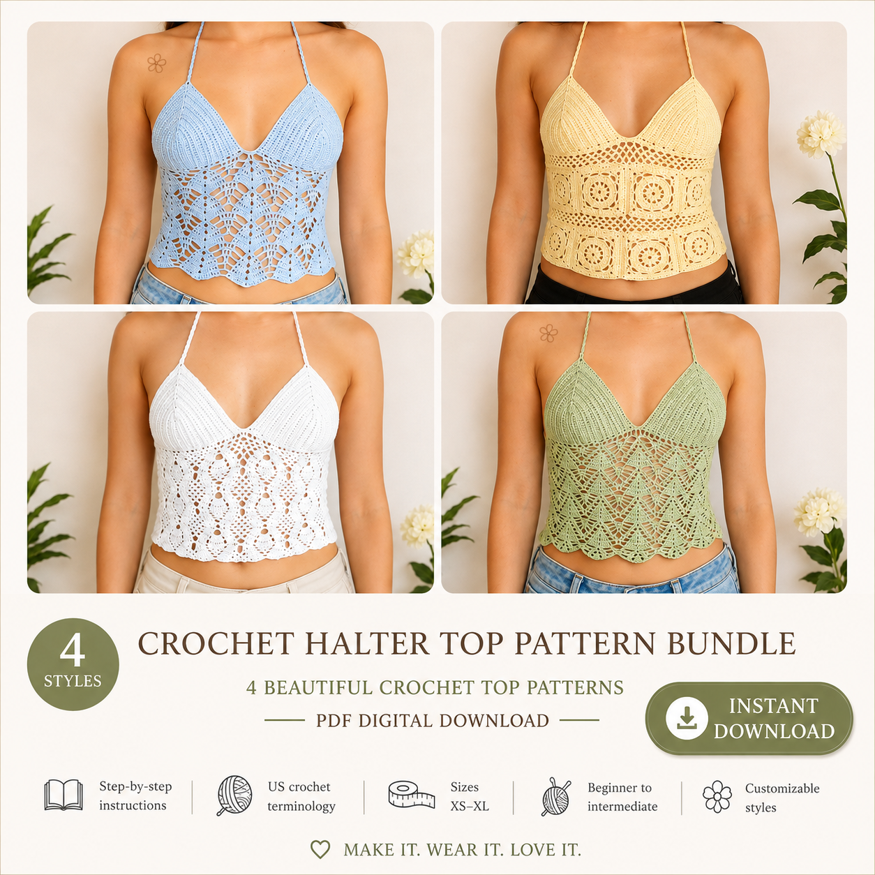 4 Tops Bundle Crochet Pattern | PDF Download